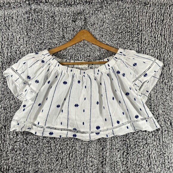 Rebellion Off The Shoulder Crop Top Bohemian White Navy Boho Womens Size L - Picture 1 of 10